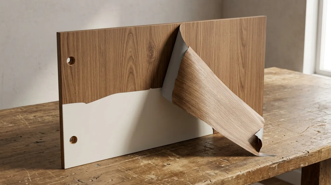 Instalador retirando vinilo autoadhesivo de una puerta de cocina con espátula de nylon